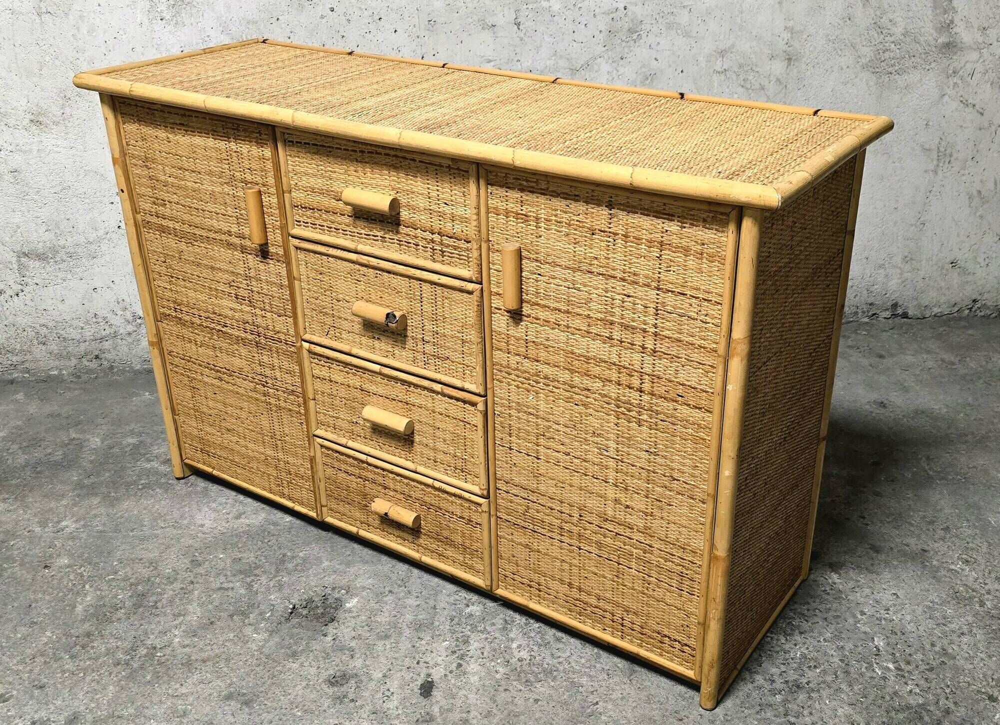 Vintage woven rattan and natural bamboo sideboard - Italy 1970s