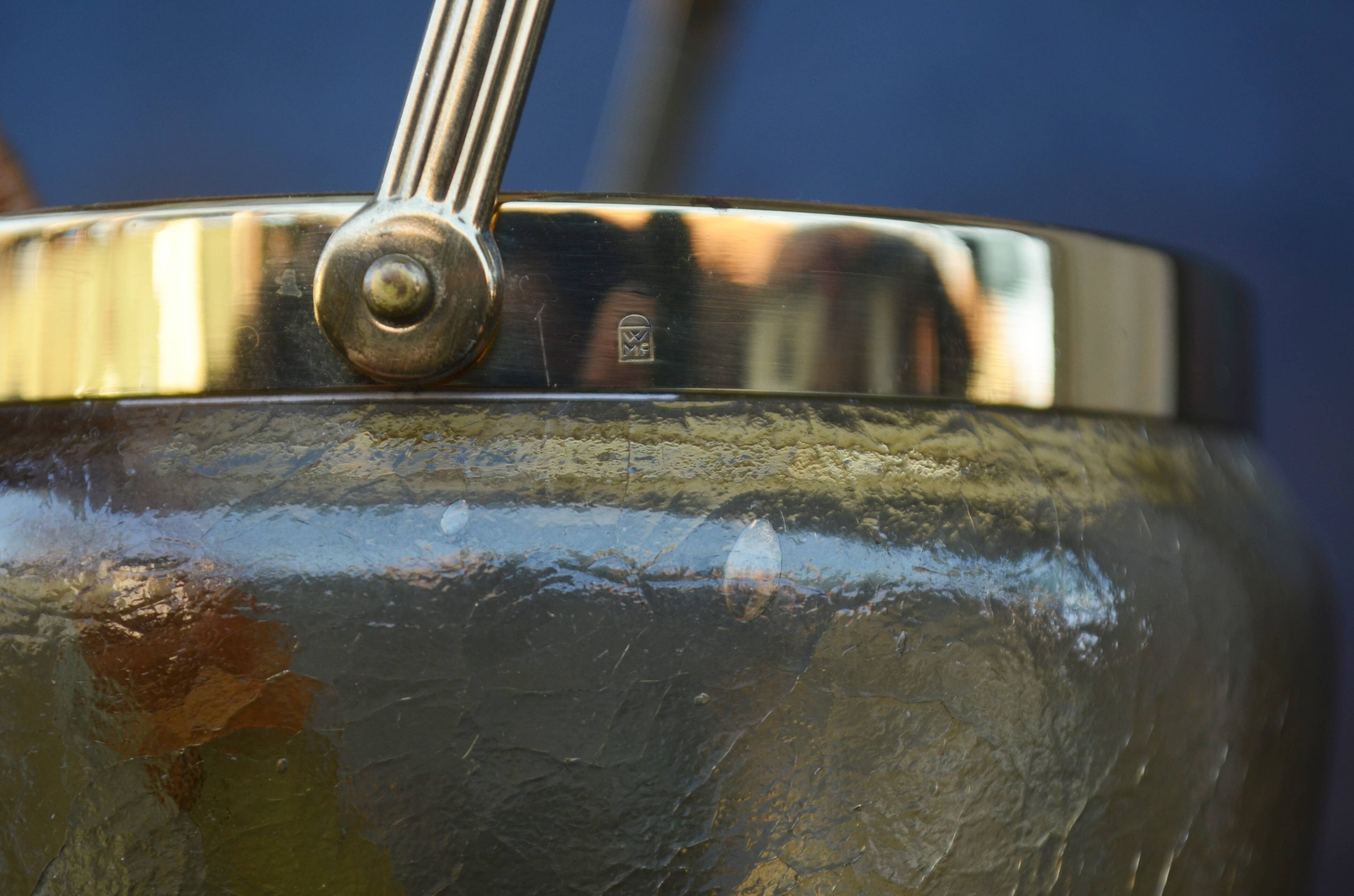 Mid Century Crackle Amber Glass Ice Bucket WMF With Ratan Handle