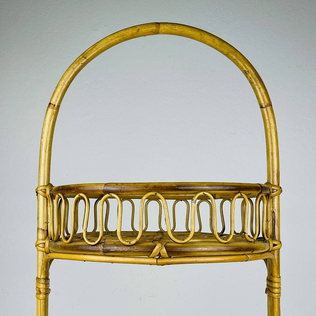 Vintage round service trolley in bamboo and rattan, 1960s