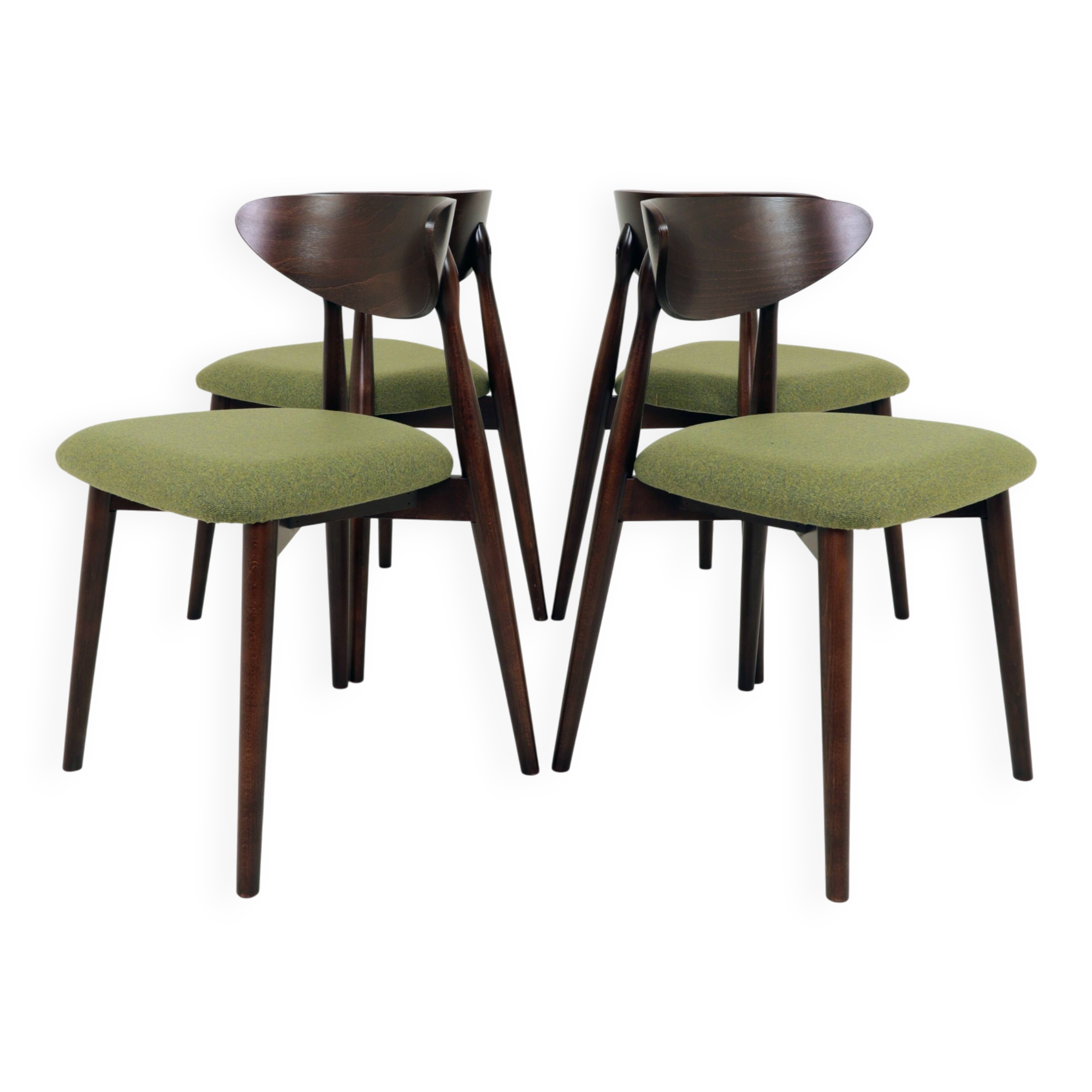 Ensemble de 4 chaises de salle à manger, bouclè vert avocat et bois foncé.
