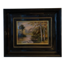 Painting “Barque on the river” on metal, Emaux de Limoges signed Ateliers BONHOMME