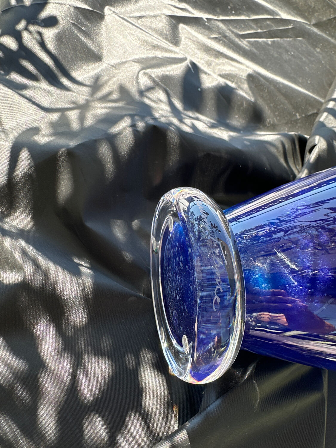 Cobalt blue glass vase, signed, glass art piece.