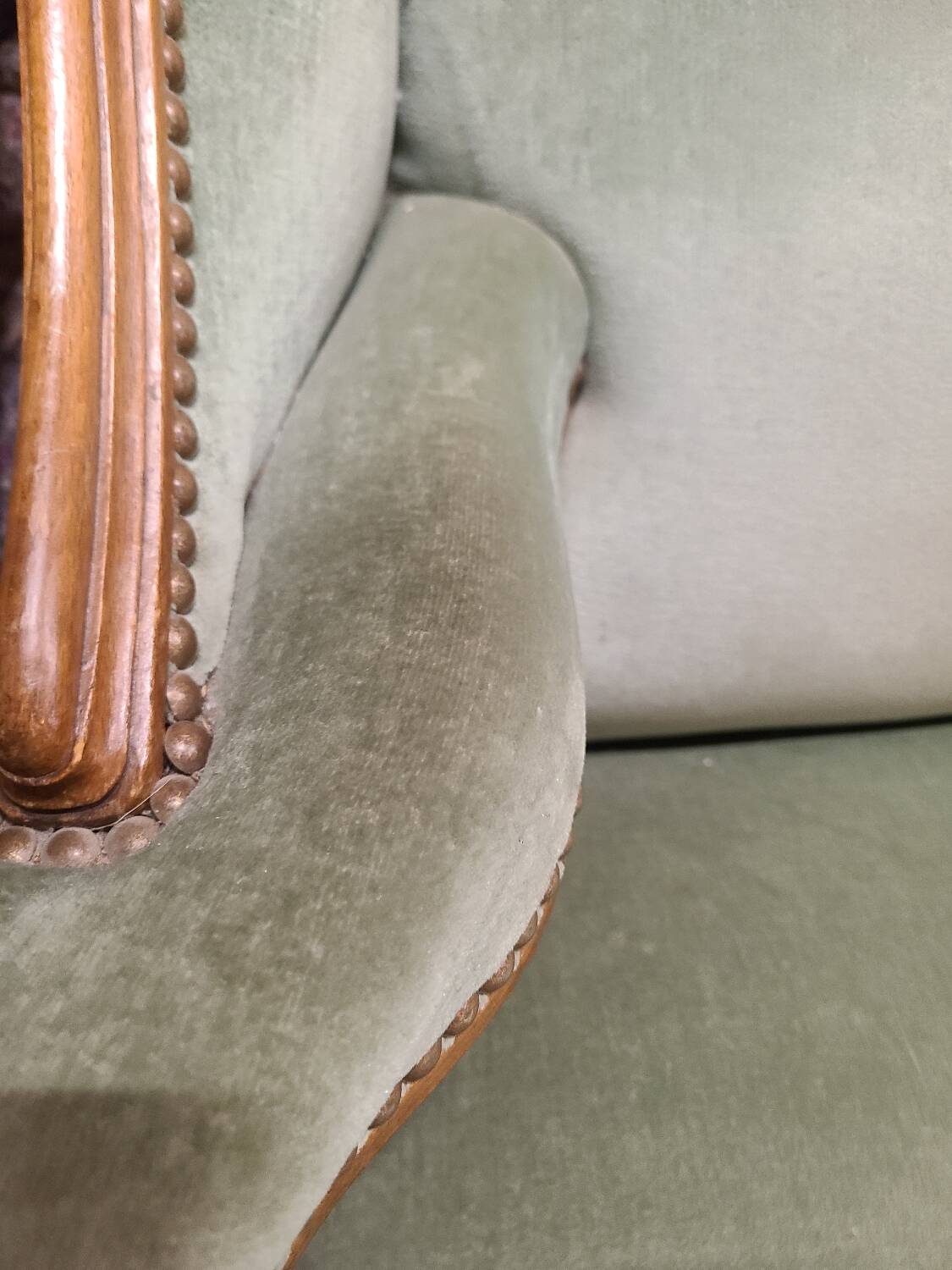 Vintage Louis XV style wing chair, light green velvet