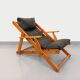 Vintage adjustable folding chaise longue armchair in pine and faux leather