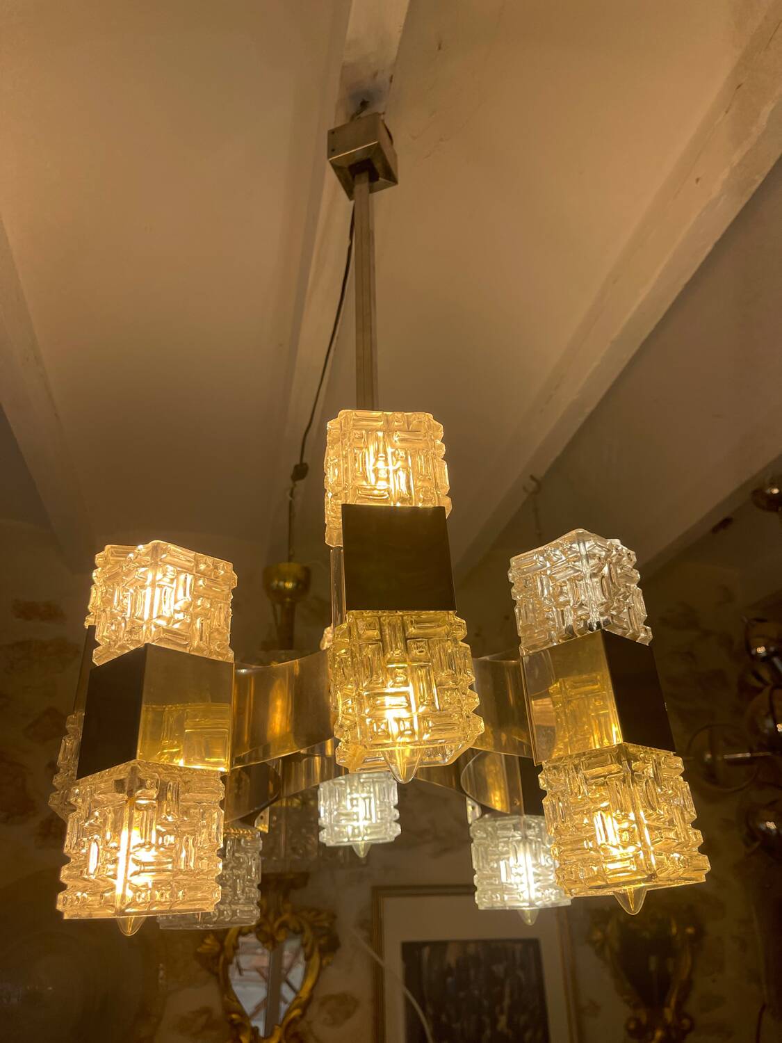 Sciolari 16-light glass and chrome chandelier, Italy 1970