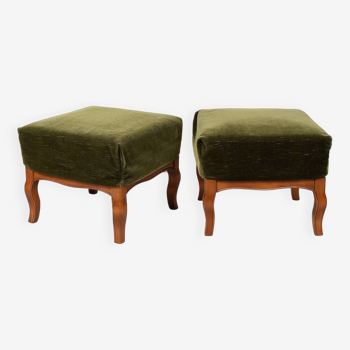 Pair of Pouf, Footrest, in green velvet