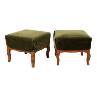 Pair of Pouf, Footrest, in green velvet