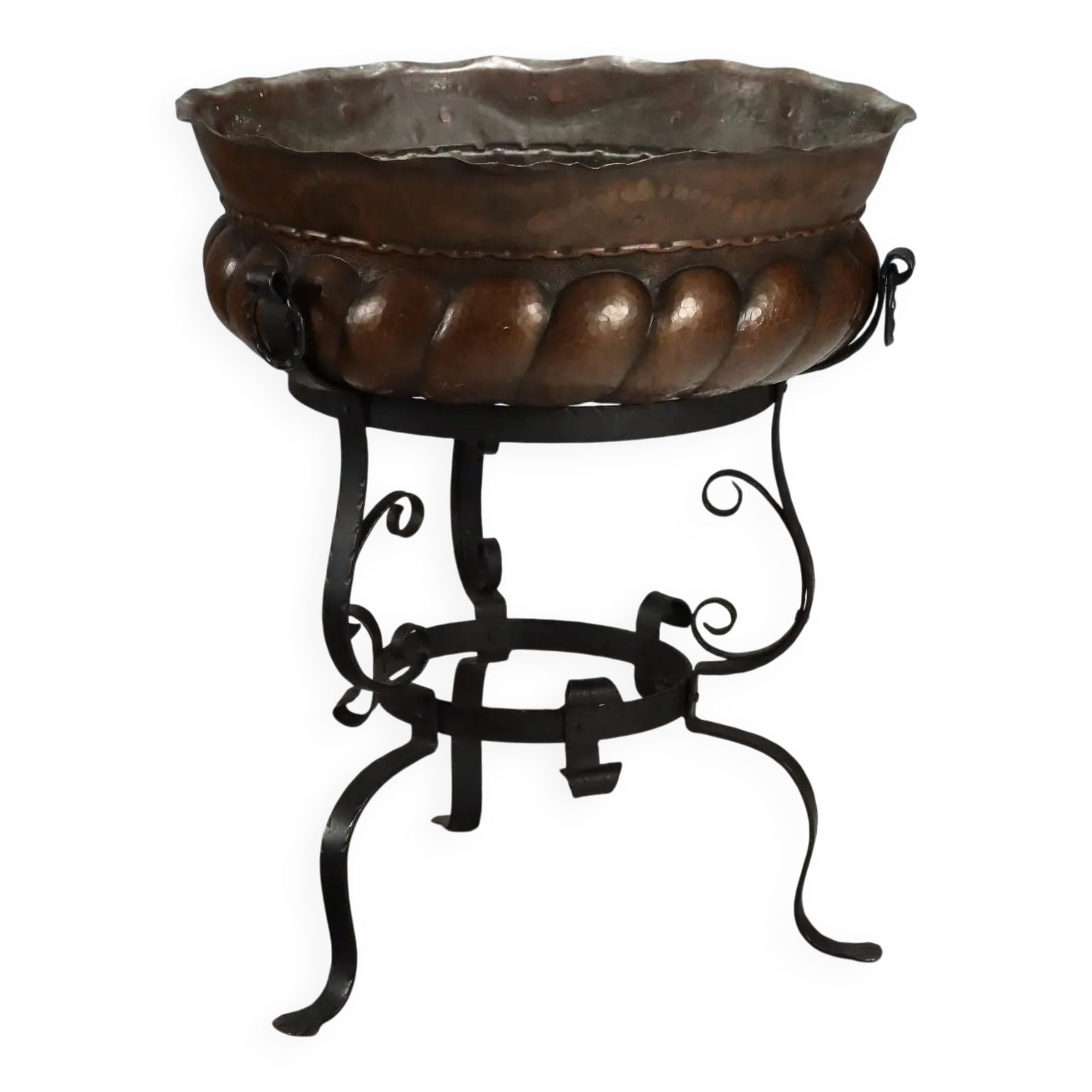 Jardinière tripode ancienne en fer forgé et cuivre, Italie, XXe siècle