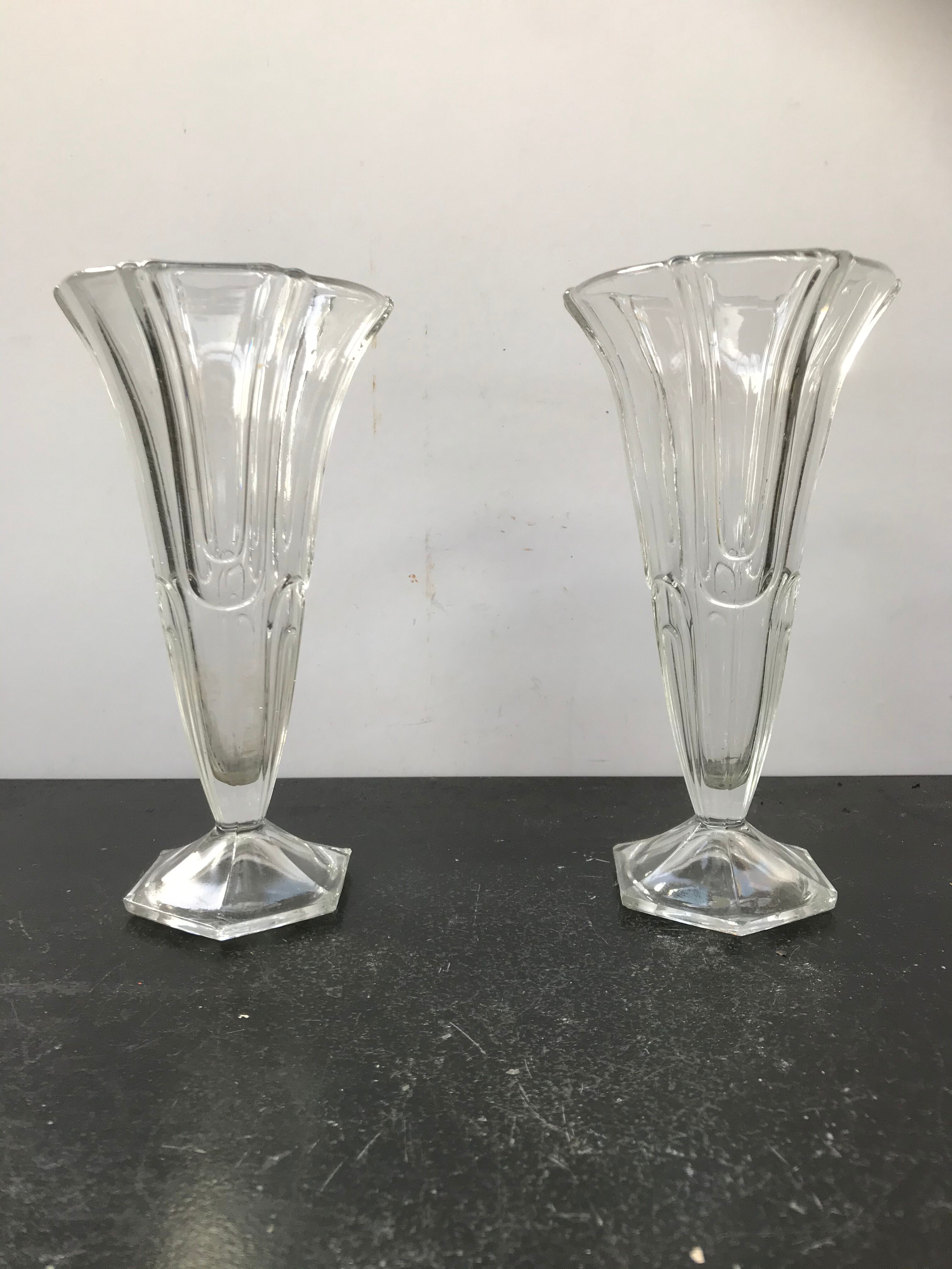Pair of old art deco style vintage molded glass vases