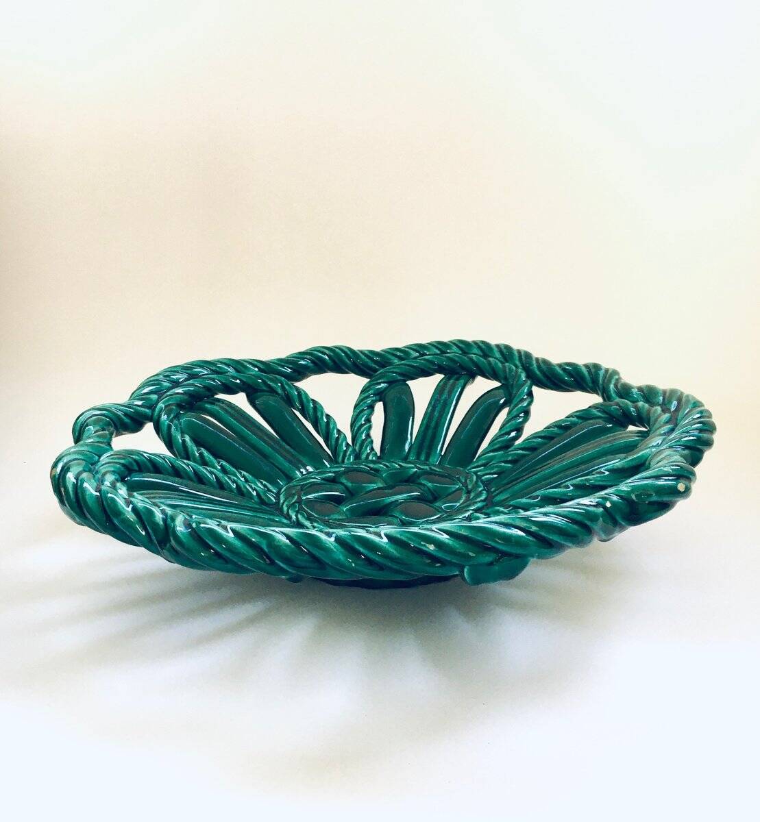 Mid-century Modern Art Ceramics Green Braided Woven Bowl by Vallauris, 1950s