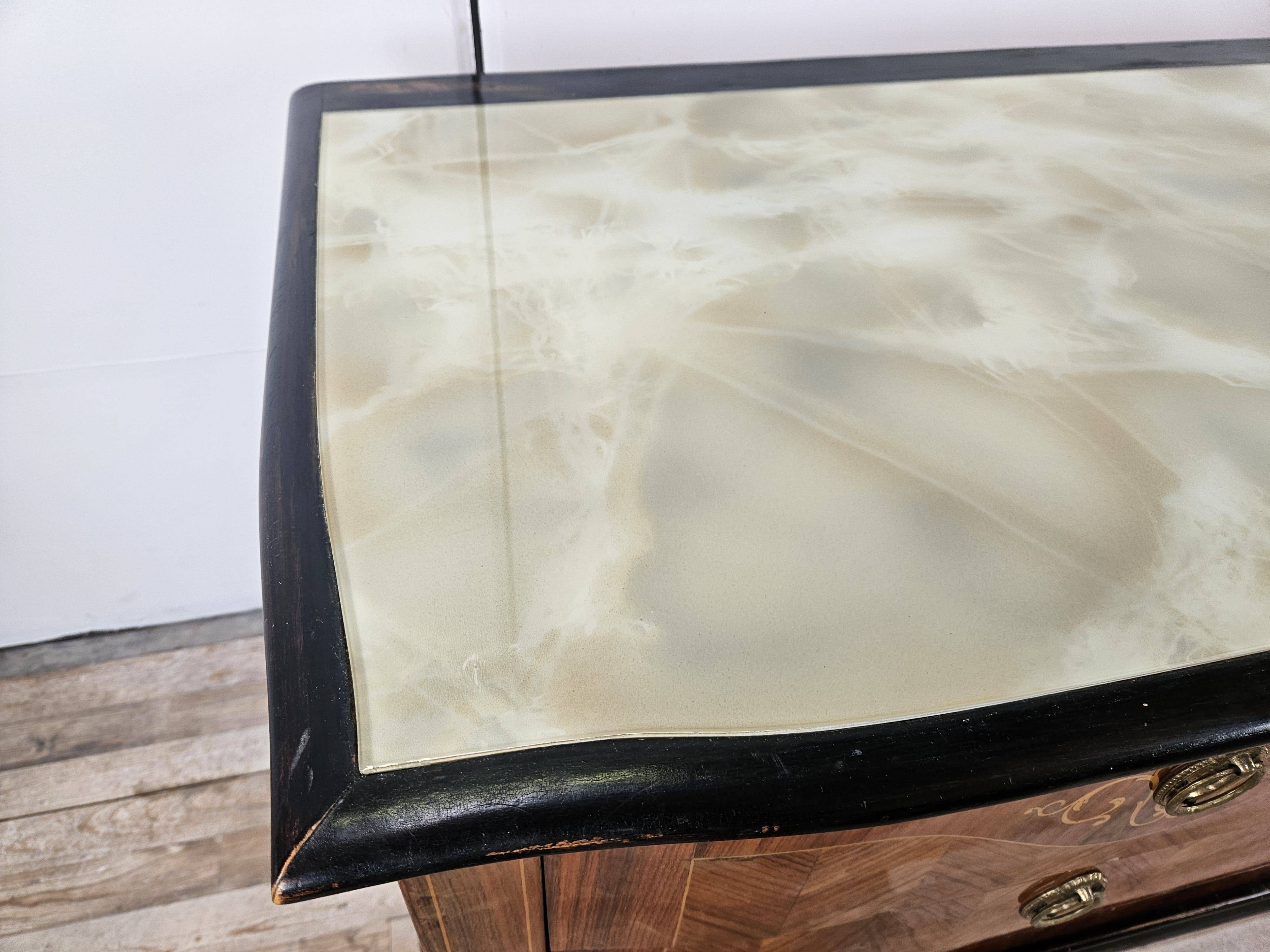 1960s bedroom dresser with six drawers and glass top