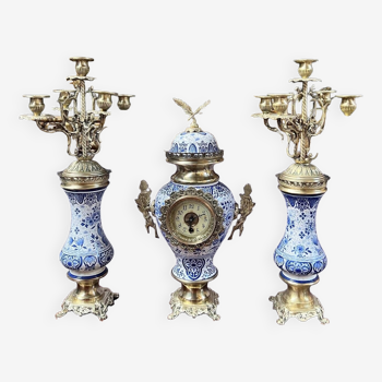Clock set with two candlesticks. Bronze, brass, porcelain, hand painted.