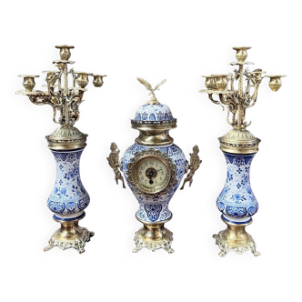 Clock set with two candlesticks. Bronze, brass, porcelain, hand painted.