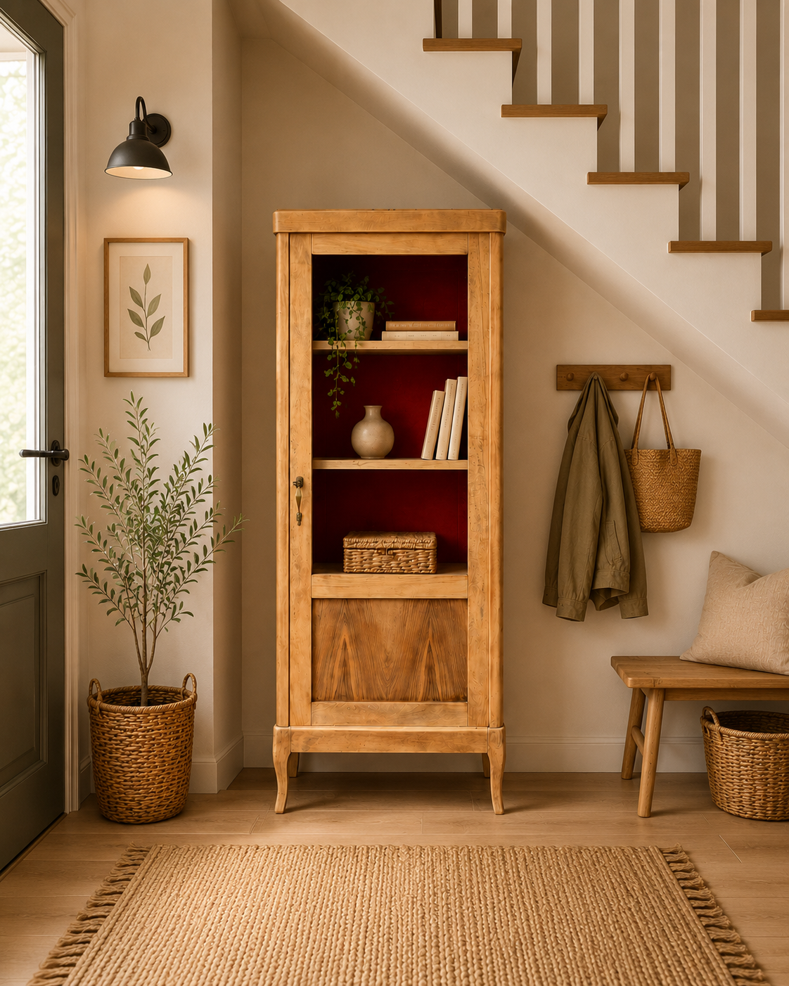 Armoire vitrée vintage bois brut 1950