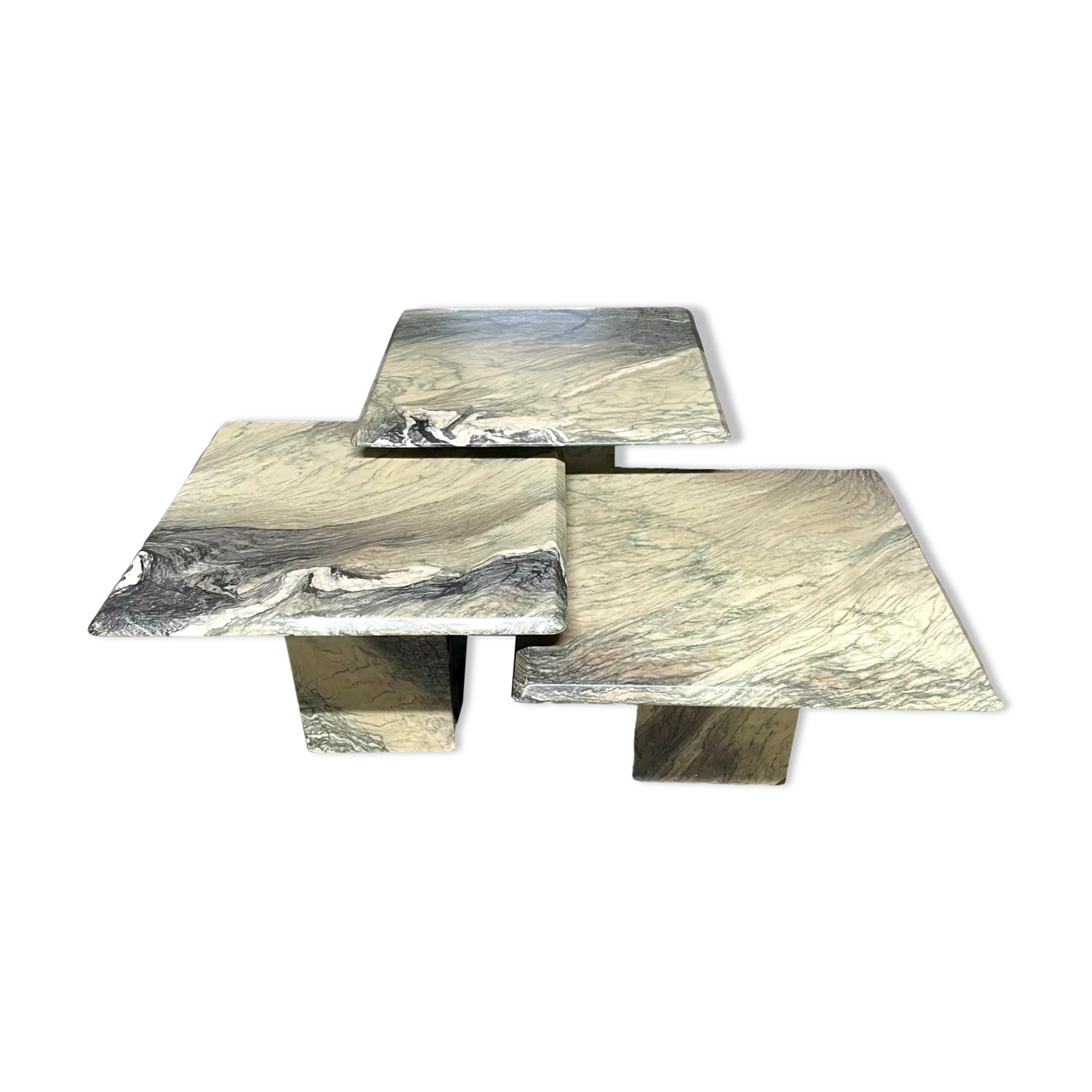 Series of three nesting tables in green marble, 1970