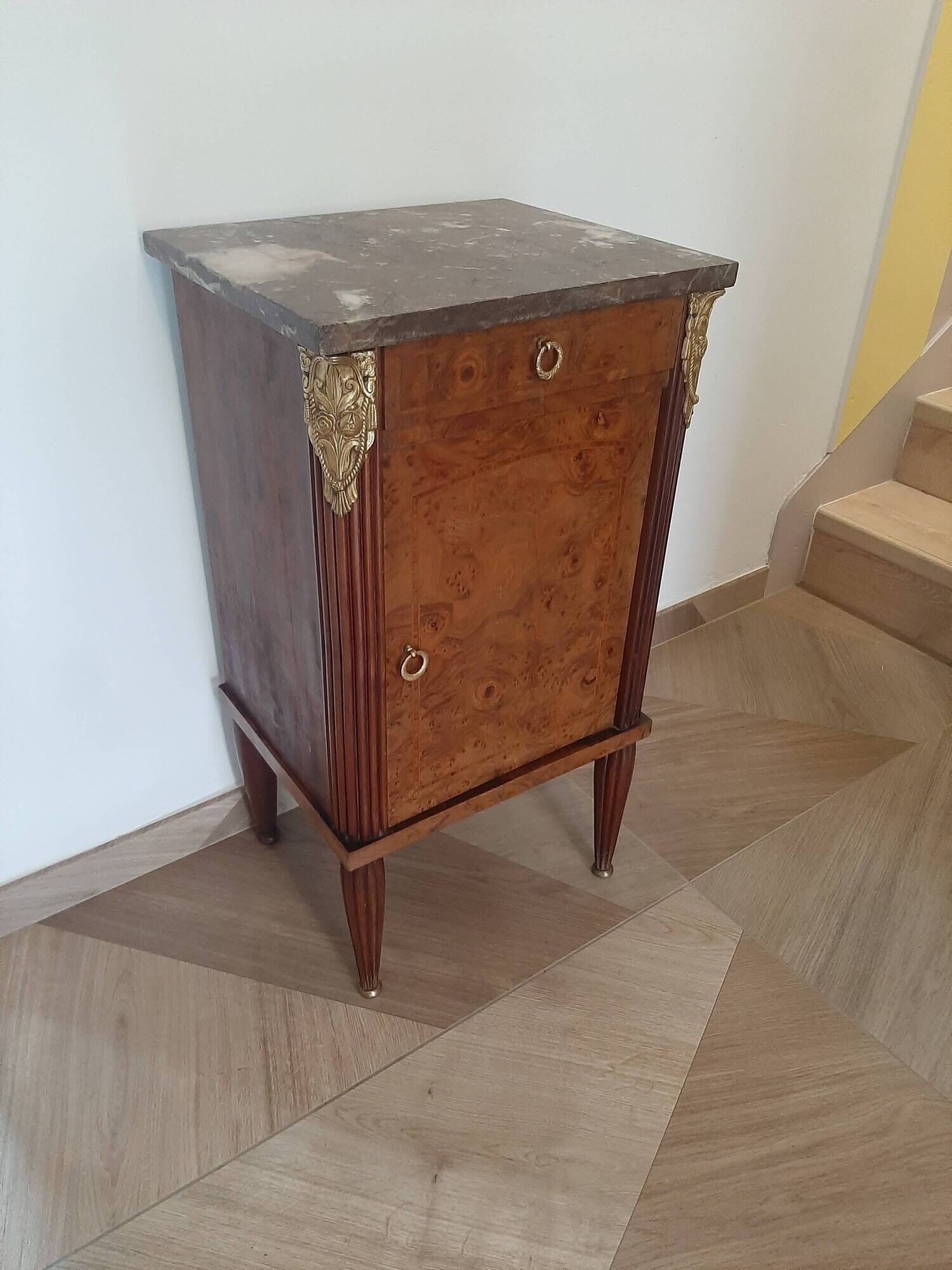 pretty Louis XVI Style bedside cabinet - 1 drawer - 1 Elm Burl marble tray door