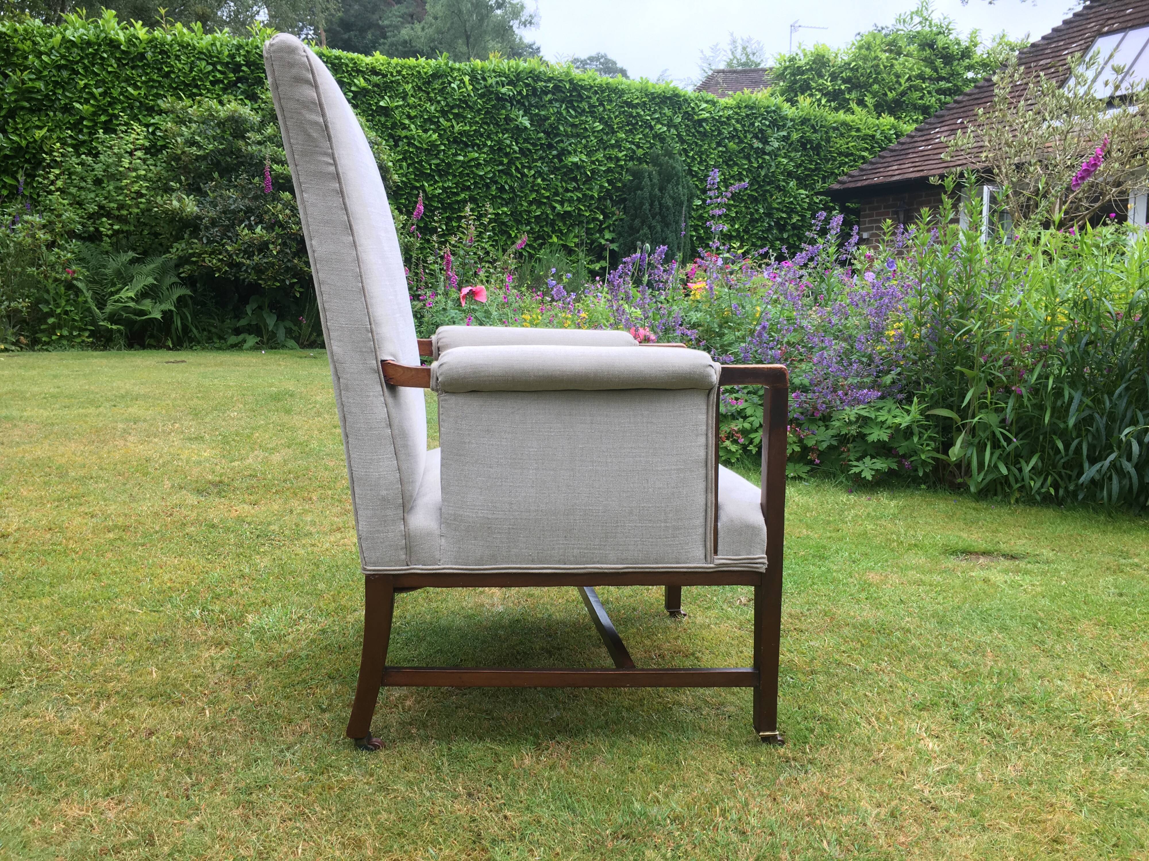 Vintage Antique Oak Reupholstered Armchair On Castors in Beige