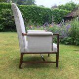 Vintage Antique Oak Reupholstered Armchair On Castors in Beige