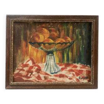 Tableau début XXème "La coupe de pommes" signé Buland