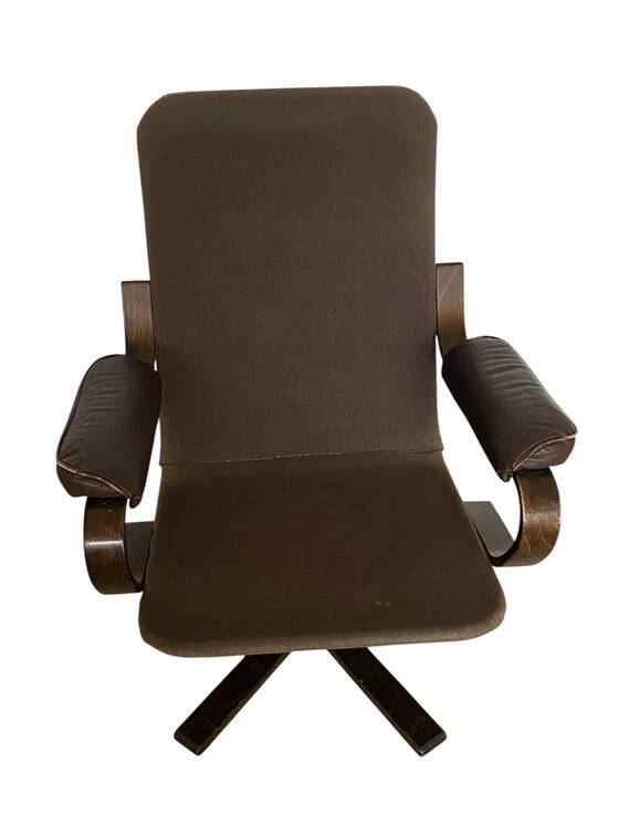 Vintage Scandinavian armchair in curved wood and leather