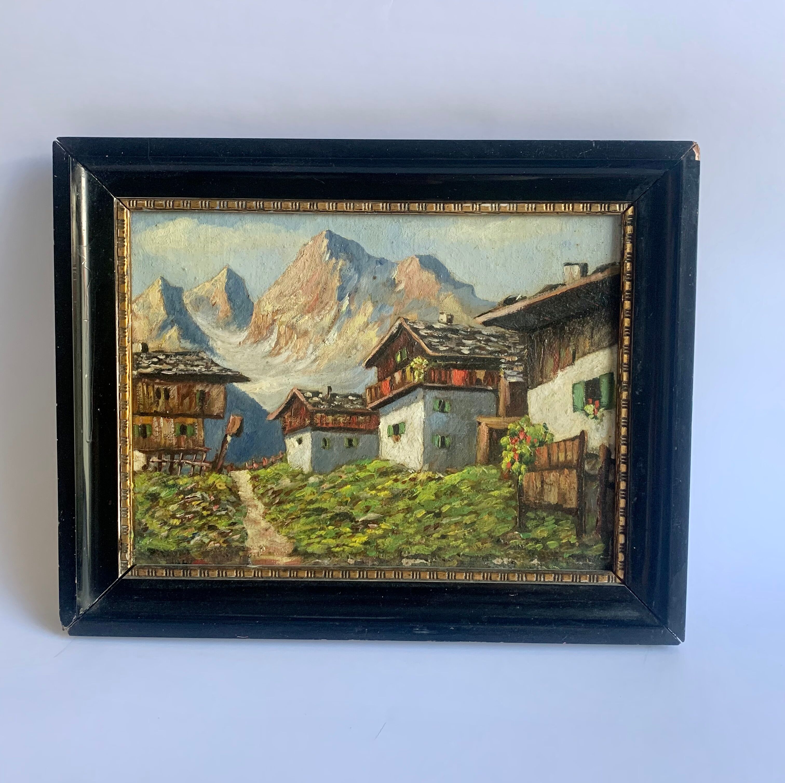Alpine Village Antique oil painting
