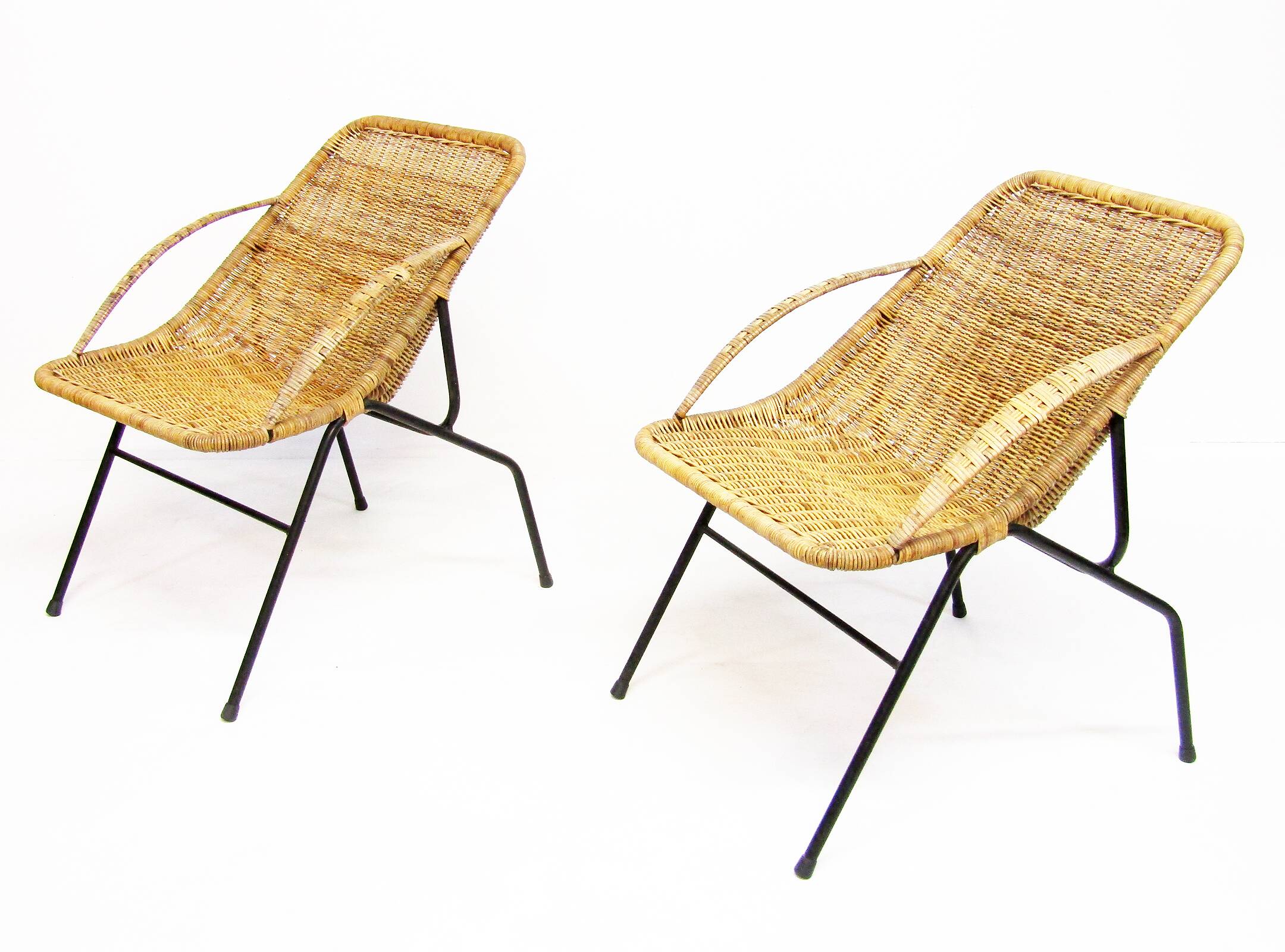 Pair Of 1950s French "Gazelle" Chairs In Rattan Wicker & Tubular Steel