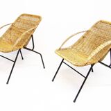 Pair Of 1950s French "Gazelle" Chairs In Rattan Wicker & Tubular Steel