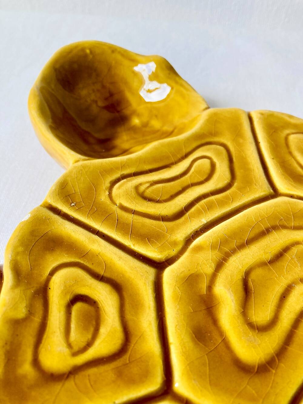 Large mustard yellow ceramic turtle dish, vintage 1950s-1970s.