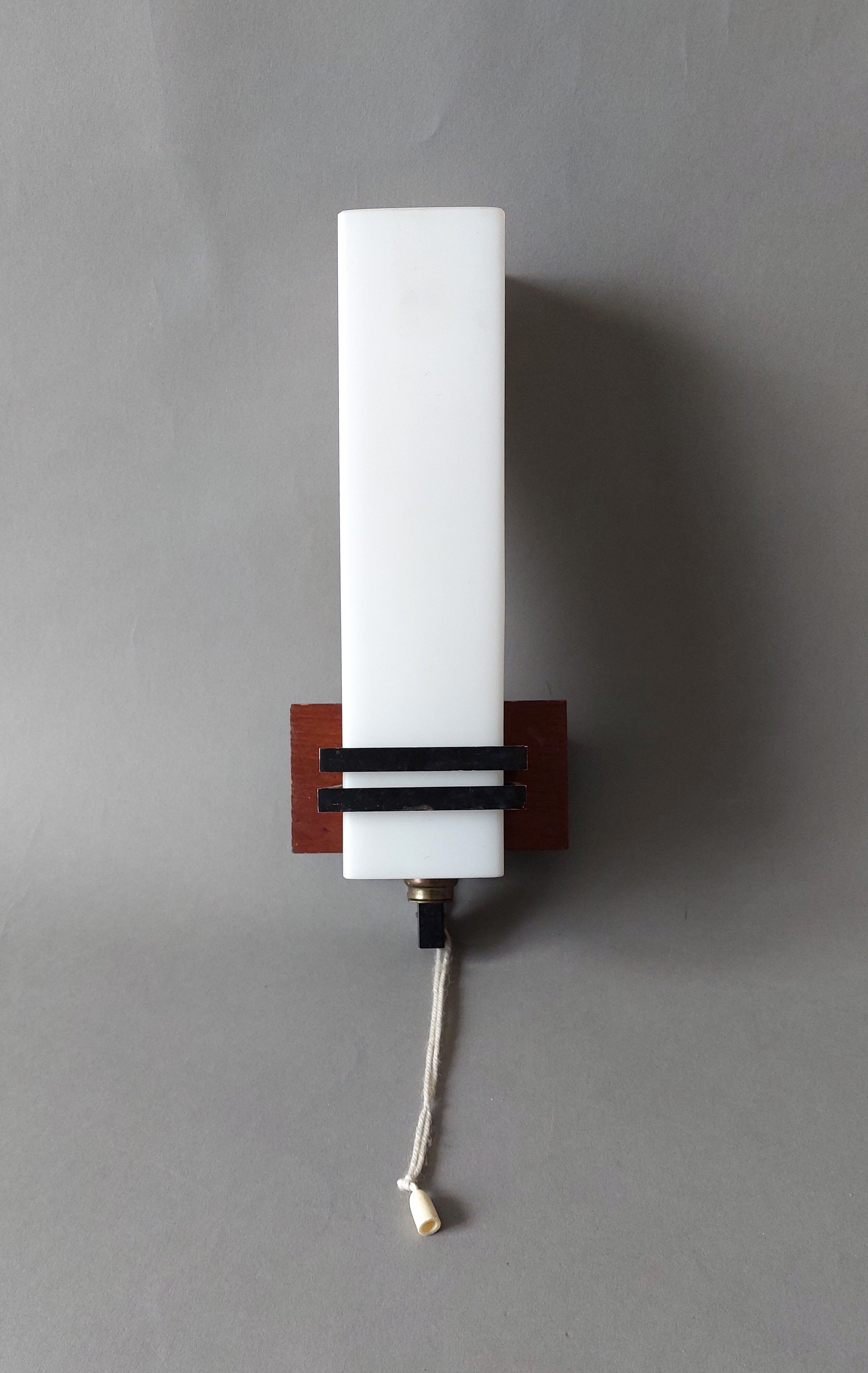Modernist wall lamp teak, opaline and black metal 1960