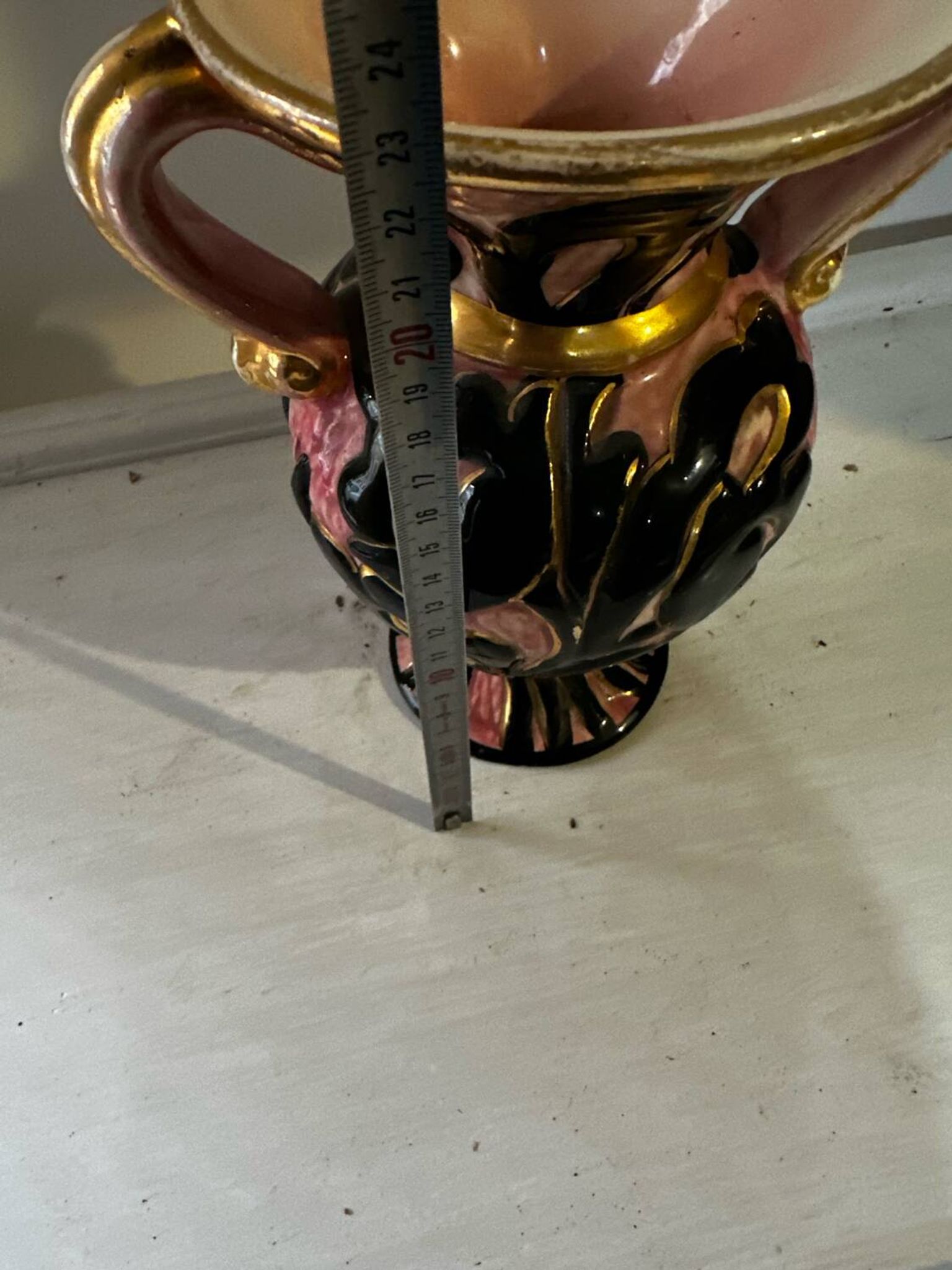 Vintage Vallauris vase amphora with relief floral decoration.