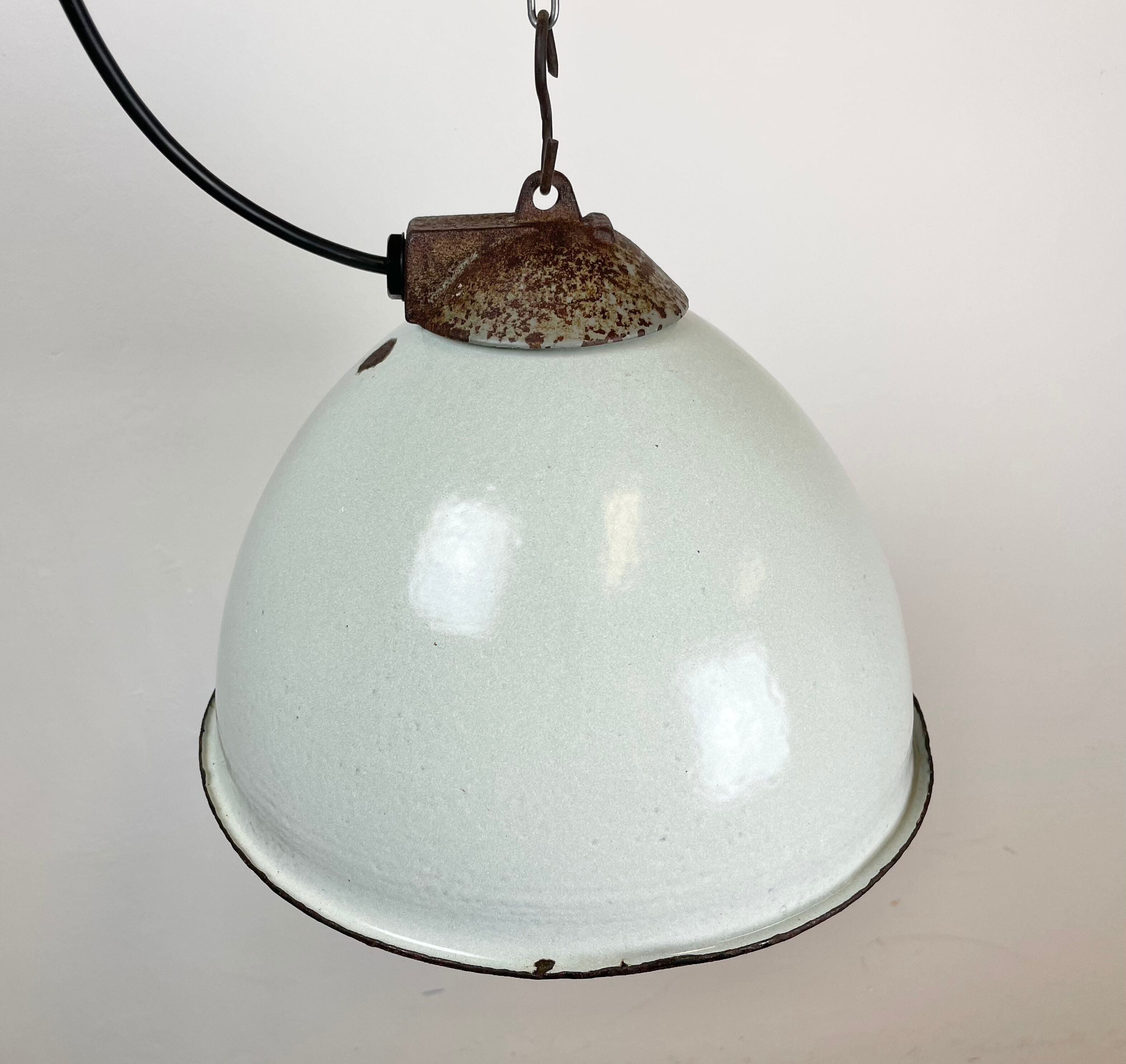 Industrial White Grey Enamel Factory Lamp with Cast Iron Top, 1960s