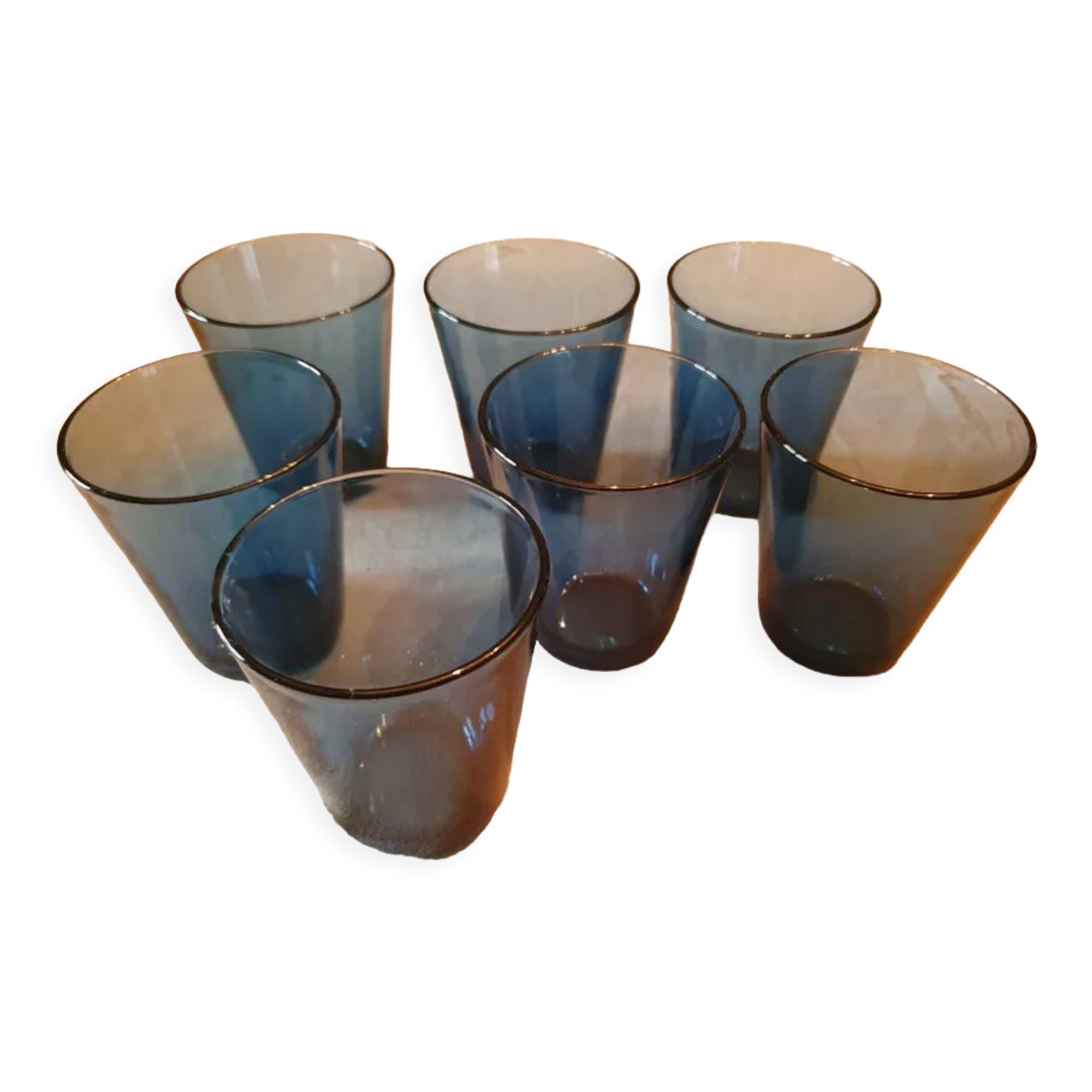 7 vintage blue water glasses
