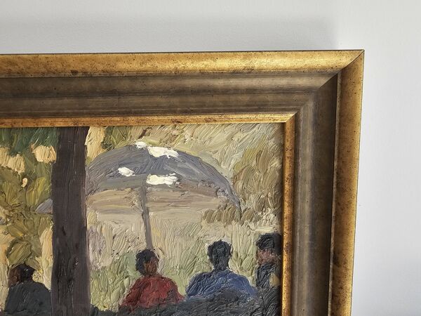 Tableau, huile sur toile ''Personnages en terrasse, parc'' Ssigné Omar Logang