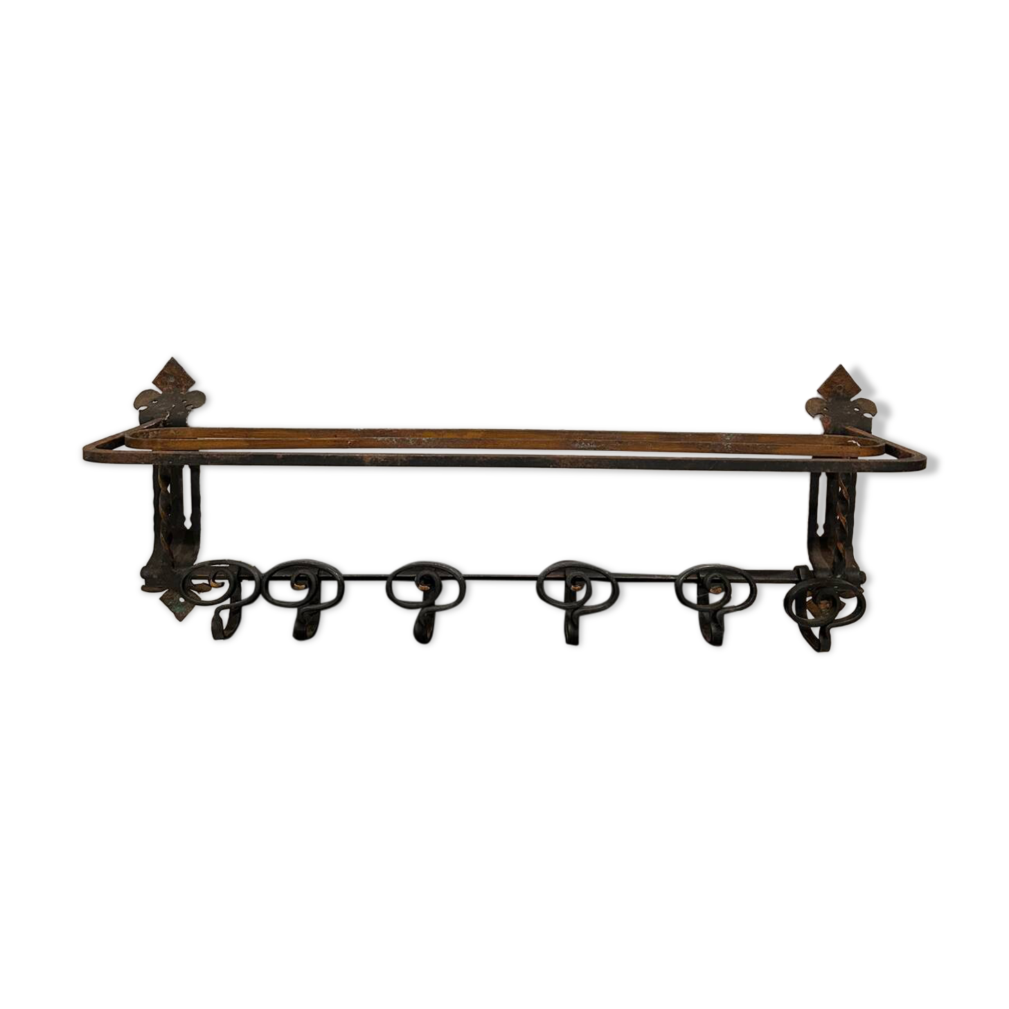 Large antique wall coat rack in wrought iron