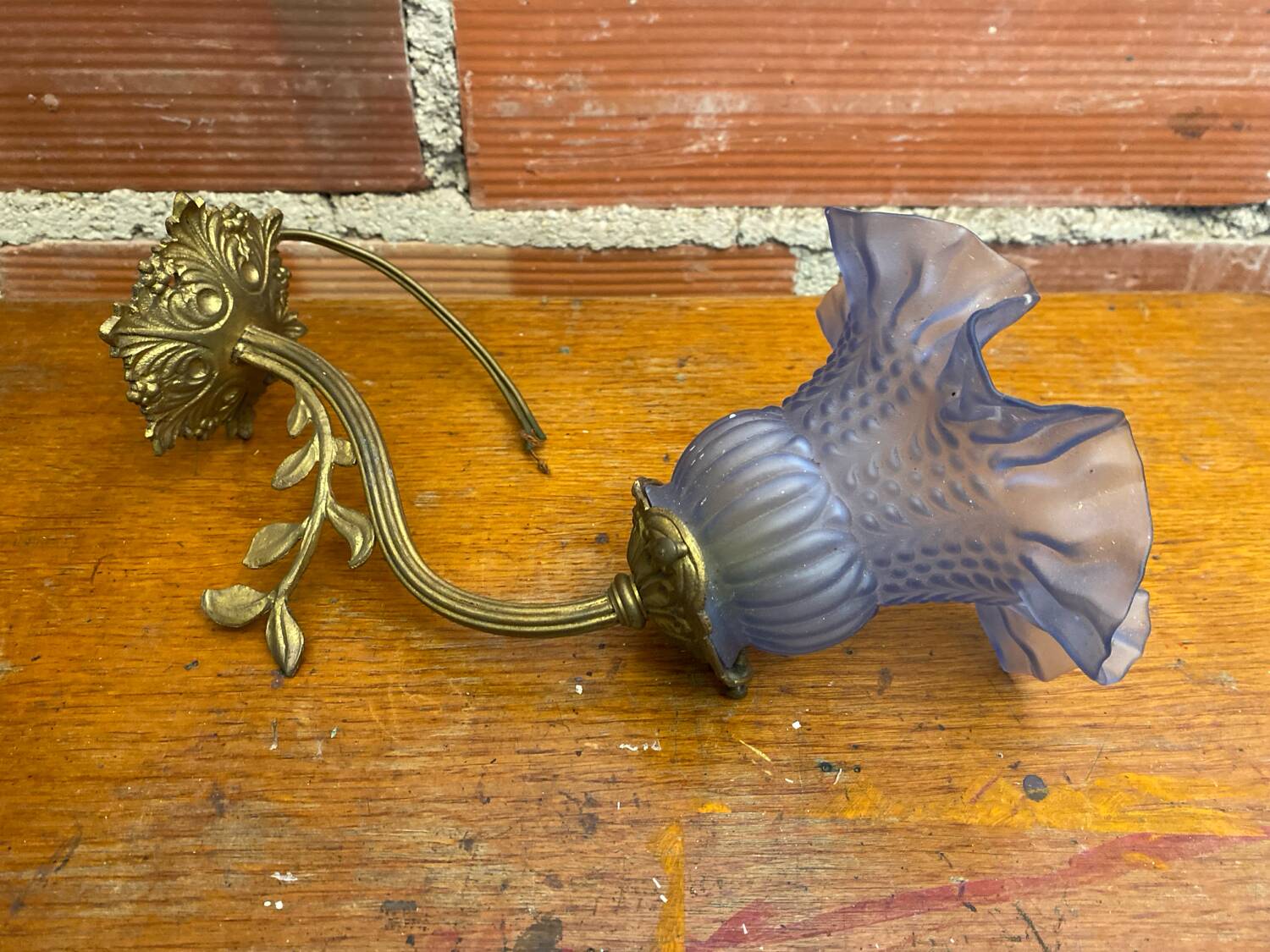 Antique art nouveau gilt bronze wall lamp + vintage blue glass tulip