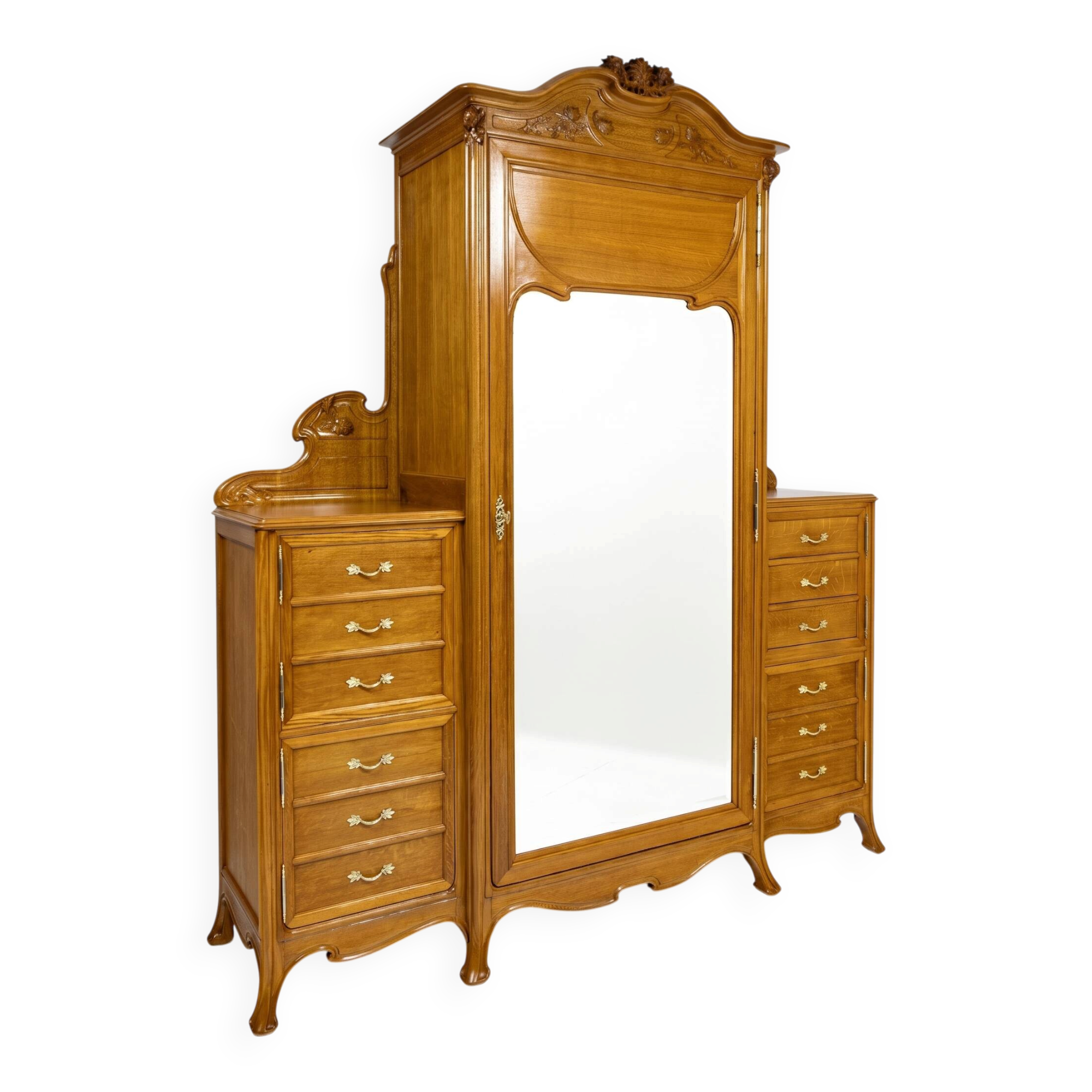 Large Art Nouveau linen cupboard in oak and mirror - 1900-1920