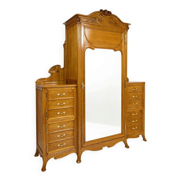 Large Art Nouveau linen cupboard in oak and mirror - 1900-1920