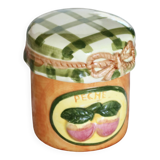 Vintage sugar bowl with gingham pattern hat and peach barbotine pattern