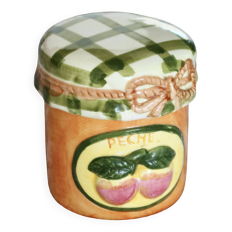 Sucrier vintage avec chapeau motif vichy et motif pêche barbotine