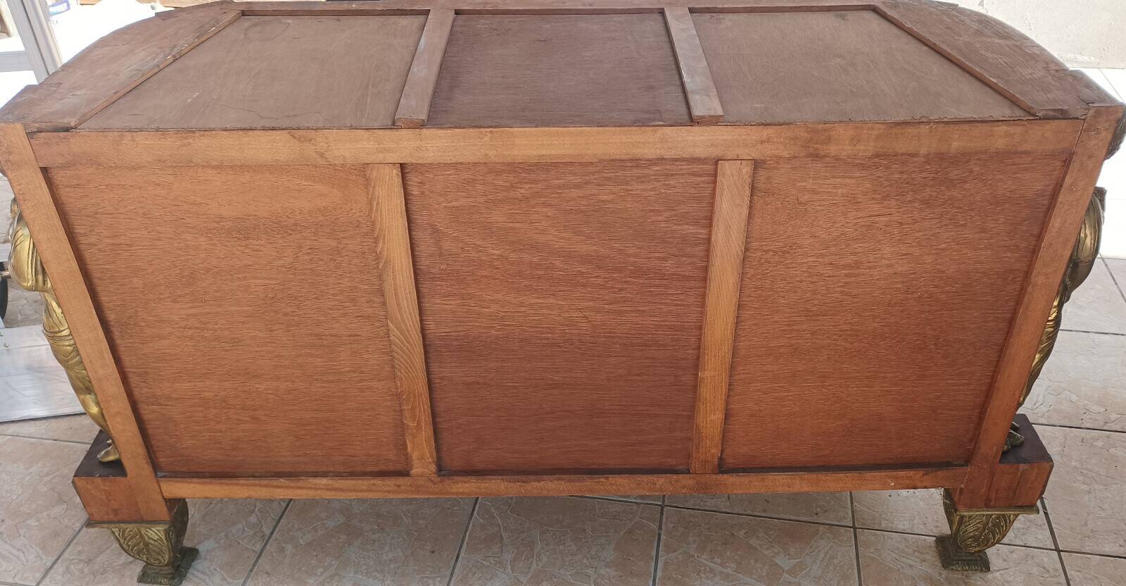 Louis XVI style commode in beech, bronze and marble.