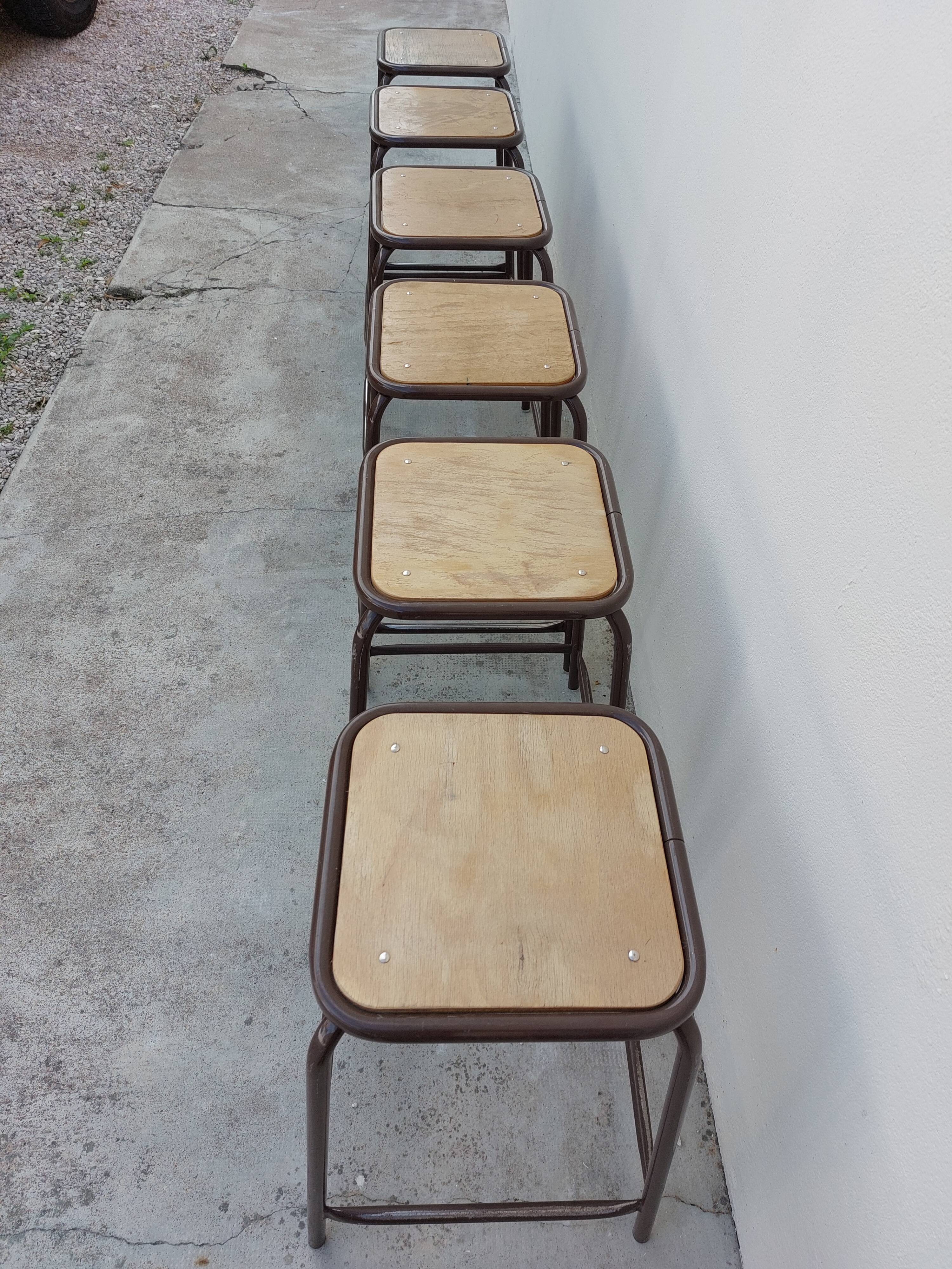 Series of 6 old workshop iron stools 1980