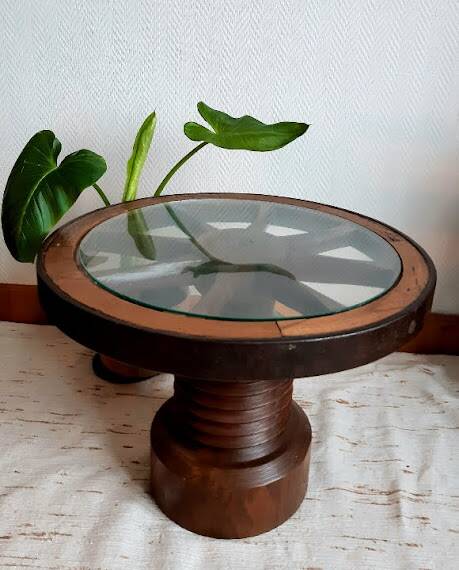 Dudouyt style brutalist wooden wheel coffee table