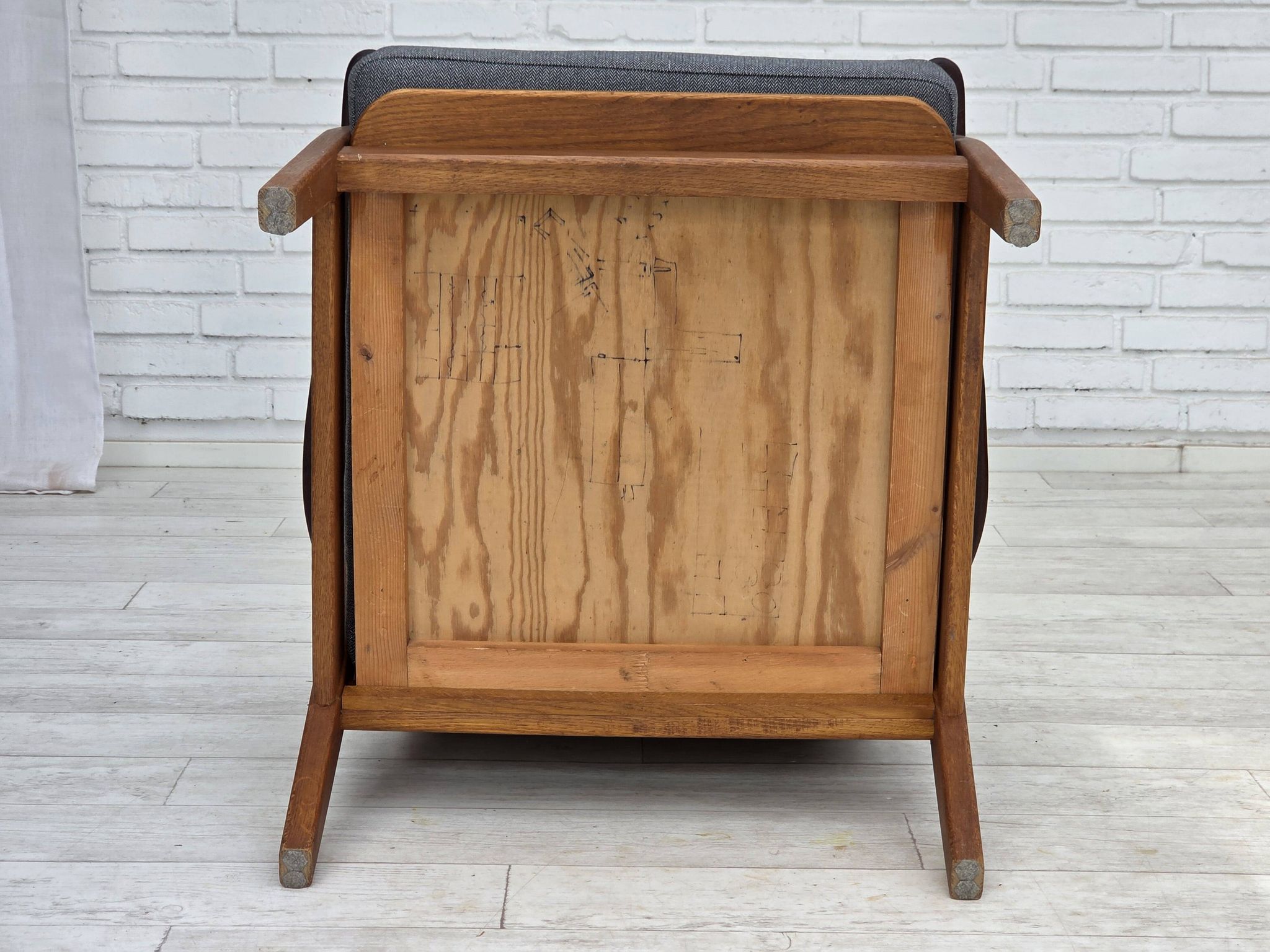 1970s, pair of Danish armchairs, reupholstered, furniture wool, teak, oak.