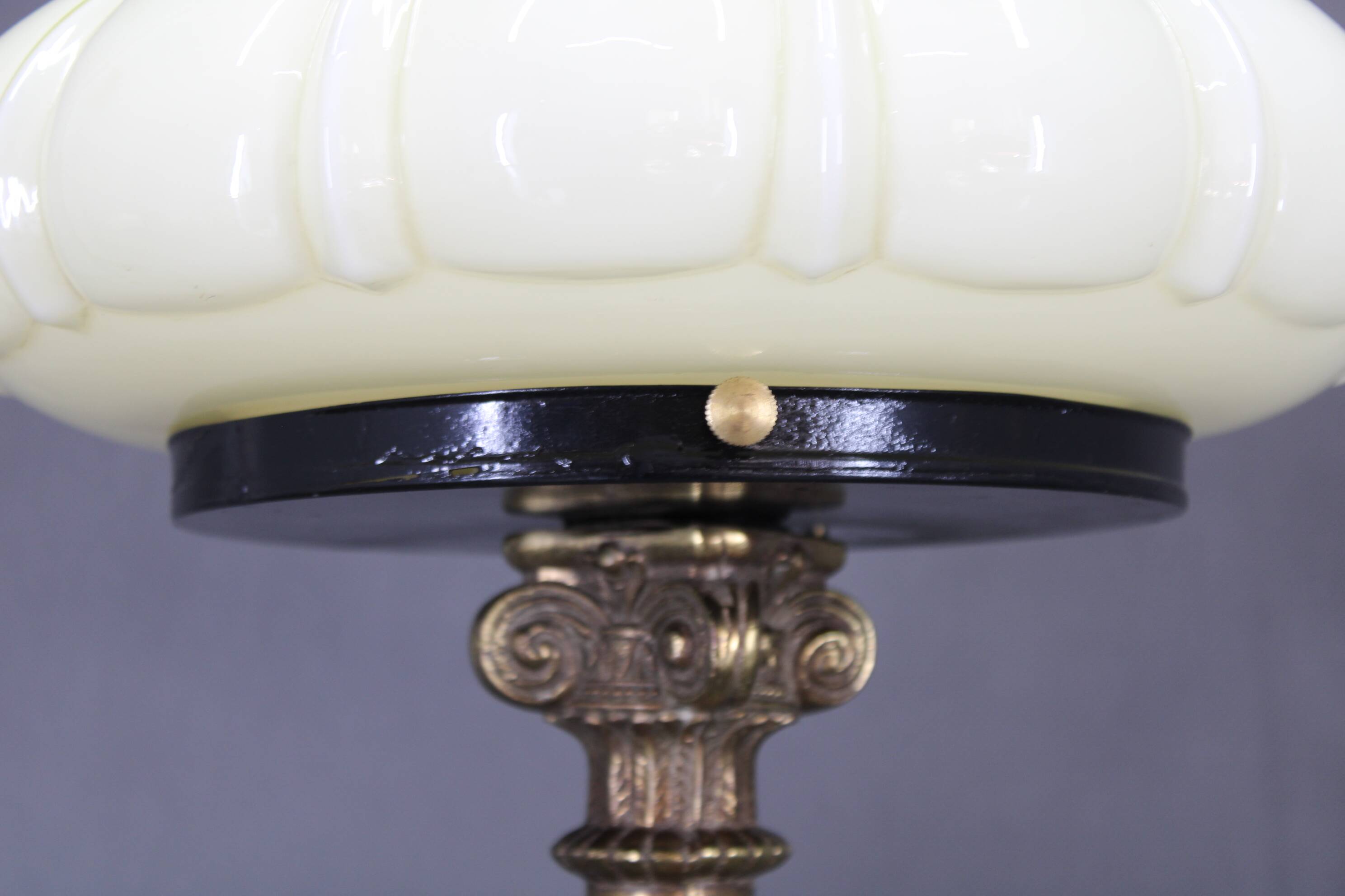 1940s Restored Brass Table Lamp with Wooden Base and Glass Shade