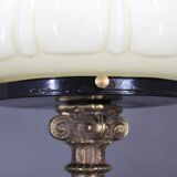 1940s Restored Brass Table Lamp with Wooden Base and Glass Shade