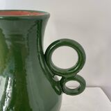 Handmade green ceramic amphora vase with large circular handles