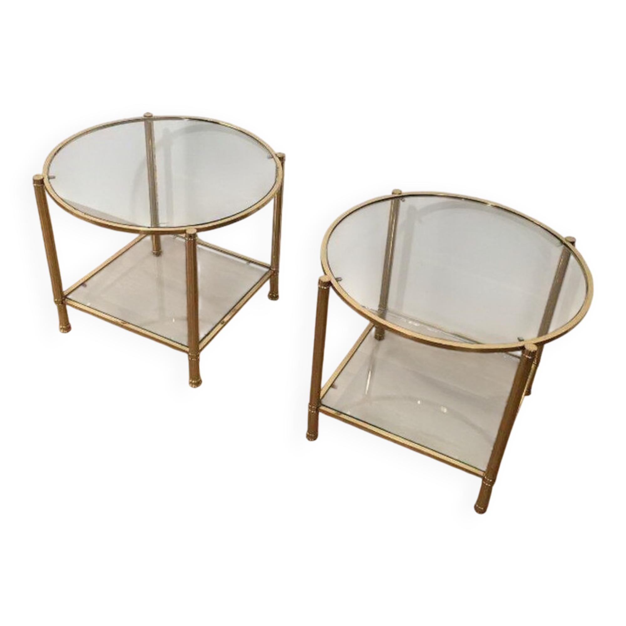 Pair of round brass side tables