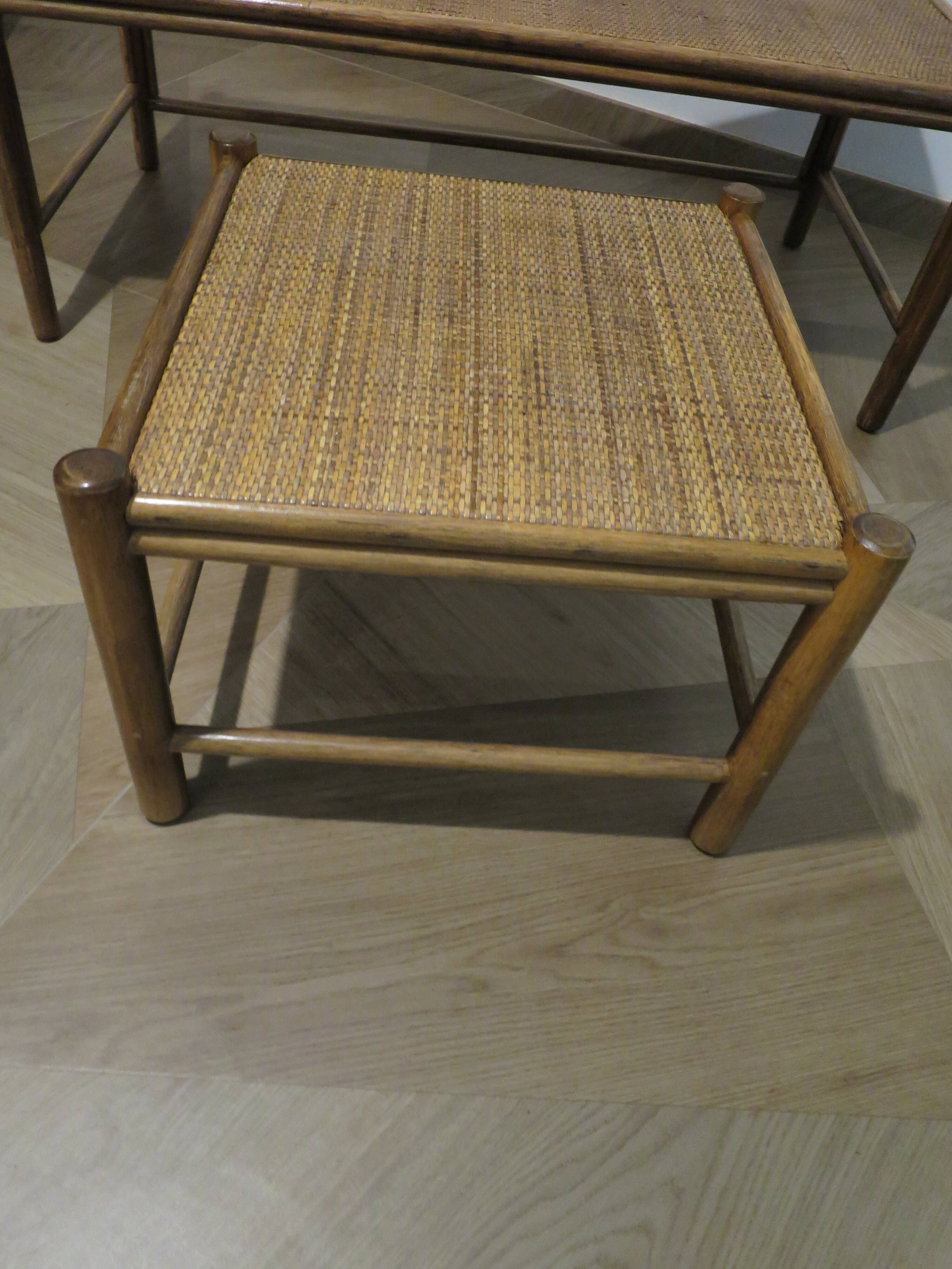 Vintage nesting coffee tables - wood and woven rattan - natural color - 60s