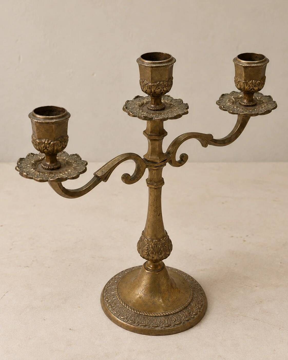 Three-light candelabrum in brass — France, 20th century