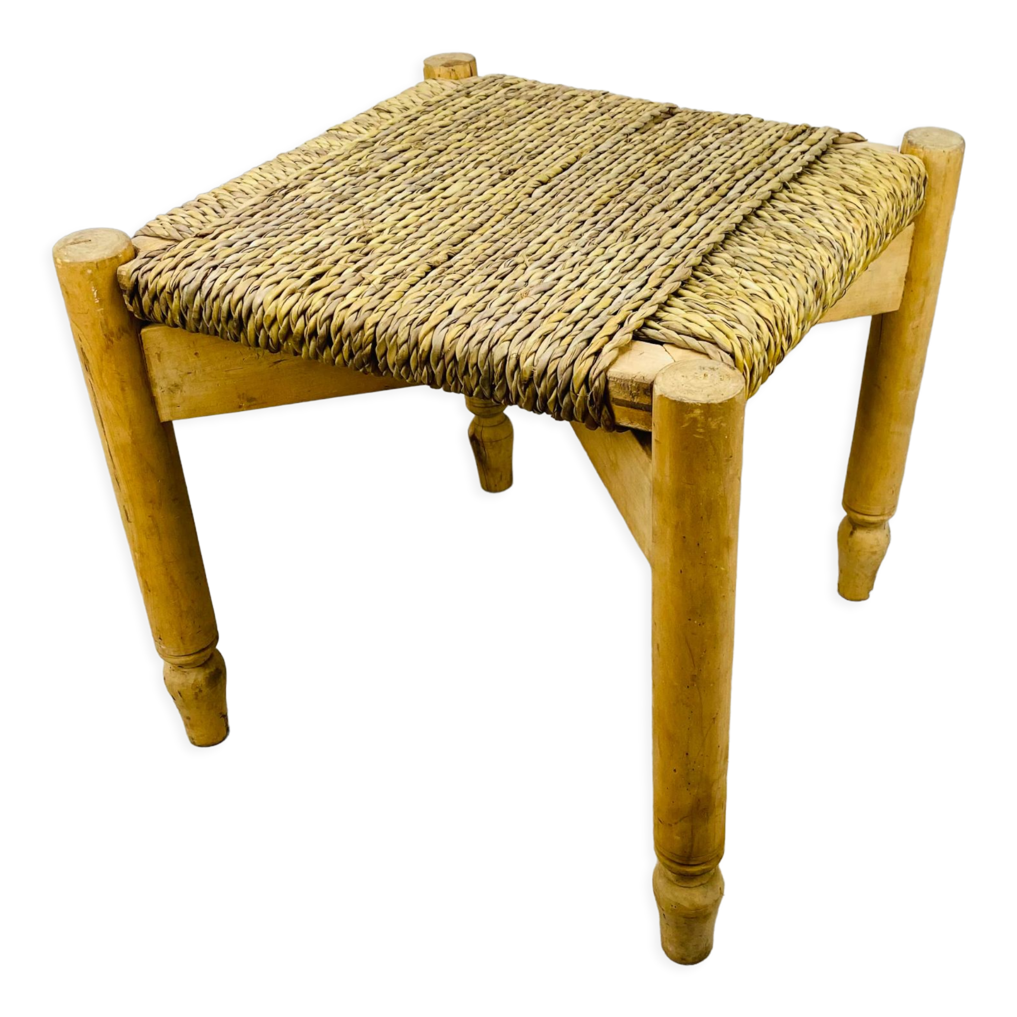 Stool woven straw raw wood